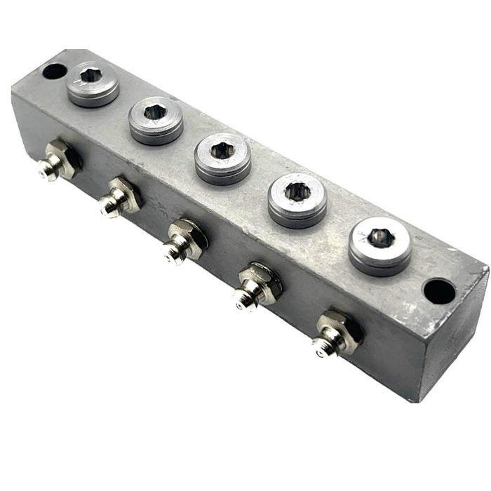 grease block with 5 outlets, 1/8BSP thread, and grease nipples, ideal for distributing grease to multiple lubrication points