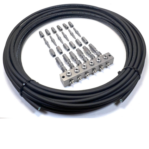 6-outlet grease kit with anchor block, grease nipple, 12-meter high-pressure tube, and flexible fitting options for versatile lubrication system installations