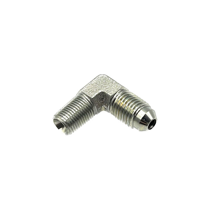 7/16 inch male to 1/8BSP male nipple with a 90-degree angle for tight space applications in hydraulic and lubrication systems.