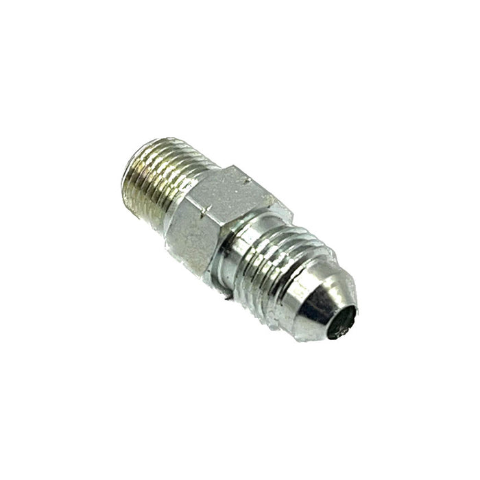 7/16 male to 1/8NPT male straight nipple for connecting hydraulic hoses in lubrication and pressure systems.