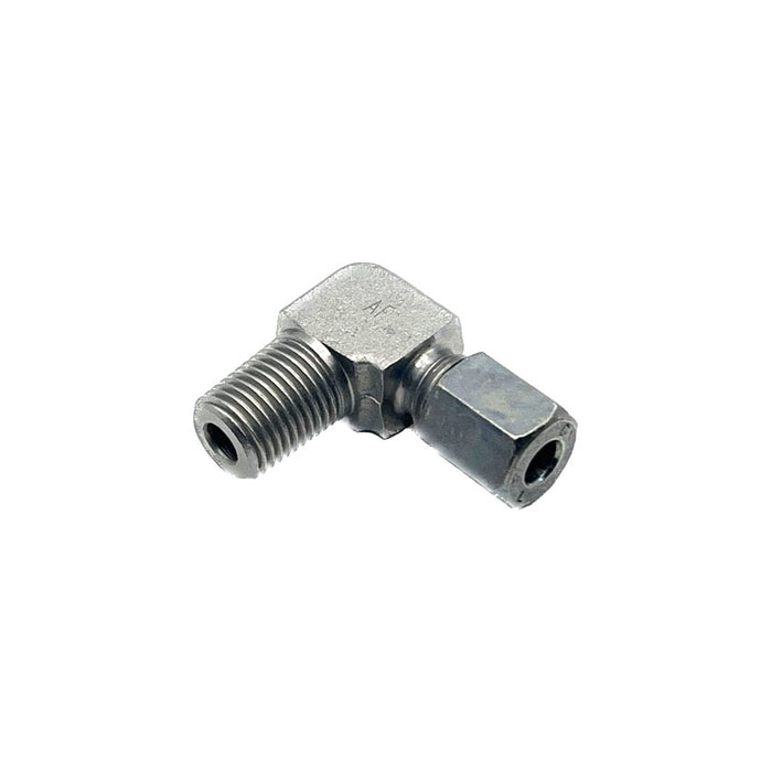 90-degree 1/4BSP x 6mm tube compression fitting, long version for secure tube connections in lubrication systems.