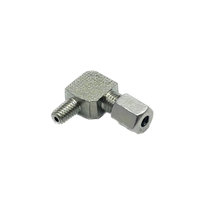 90-degree M6 x 4mm tube compression fitting, product code CF906M-04, for tight space installations in grease systems.