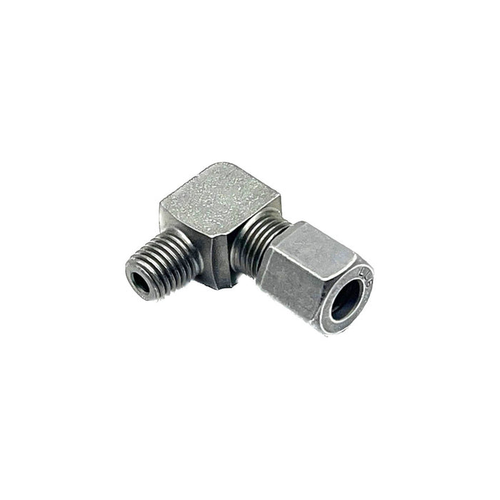 90-degree M8 to 6mm tube compression fitting, typically used in industrial lubrication systems to ensure precise grease distribution in tight areas (CF908M).

