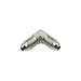 90-degree joiner for 7/16 male to 7/16 male nipples, ideal for tight spaces in high-pressure hydraulic systems.