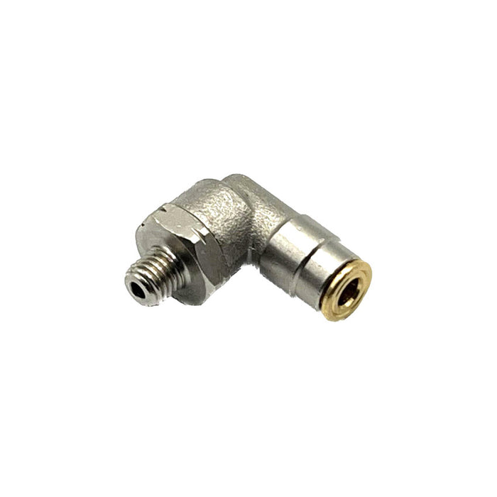 90-degree swivel 1/4UNF x 4mm tube push-in fitting, product code PISCW901/4UNF-04, designed for flexible grease system connections.