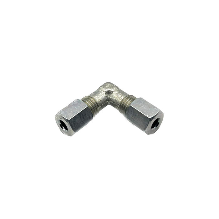 Image of 90-degree 6mm x 6mm compression fitting joiner for grease systems.