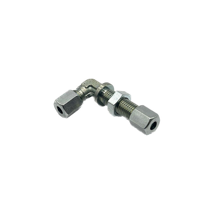 Image of 90-degree bulkhead fitting for 6mm tube to 6mm tube, ideal for lubrication systems