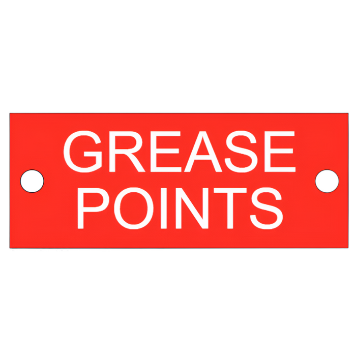 red acrylic sign labelled 'Grease Points,' size 100mm x 40mm, designed for marking lubrication points in industrial settings