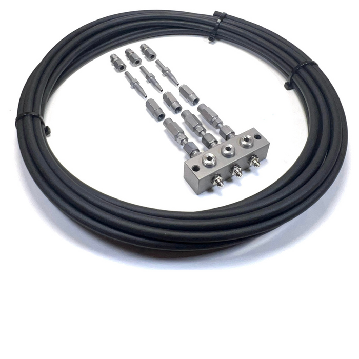 3-outlet grease kit with anchor block, grease nipple, 6-meter high-pressure tube, and flexible fitting options for versatile lubrication system installations