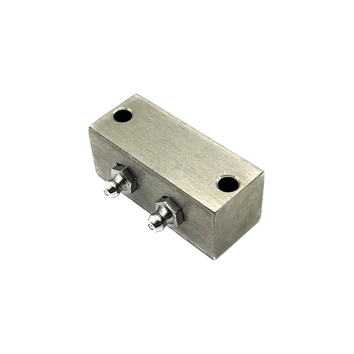 stainless steel grease block with 2 outlets and 1/8BSP fitting, designed for efficient lubrication distribution