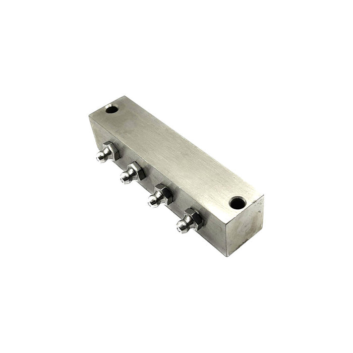  stainless steel grease block with 4 outlets and 1/8BSP fitting, ideal for multi-point grease distribution in lubrication systems