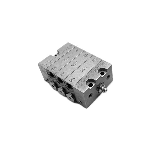 steel segmented grease divider with  outlets, designed for complex lubrication systems with multiple grease points.