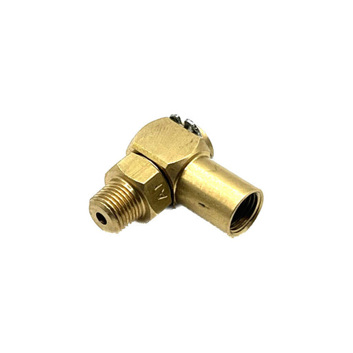 SU1/8M swivel union, 1/8BSP male x M10 female, 90-degree oscillating fitting for flexible and secure connections in lubrication systems.