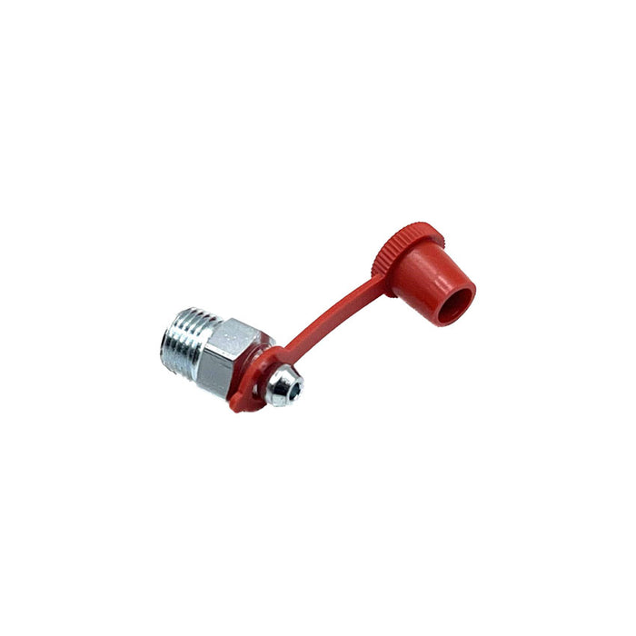 Straight high pressure 10mm x 1.0mm grease nipple with red dust cap, designed for use in lubrication systems requiring reliable, high-pressure grease fittings